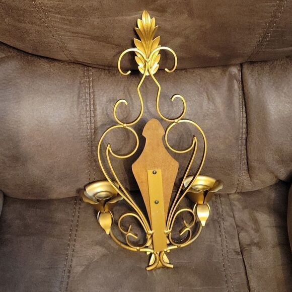 Vtg Hollywood Regency Brass Wood Candlestick Sconce Castlecore Wall Decor - Picture 5 of 5